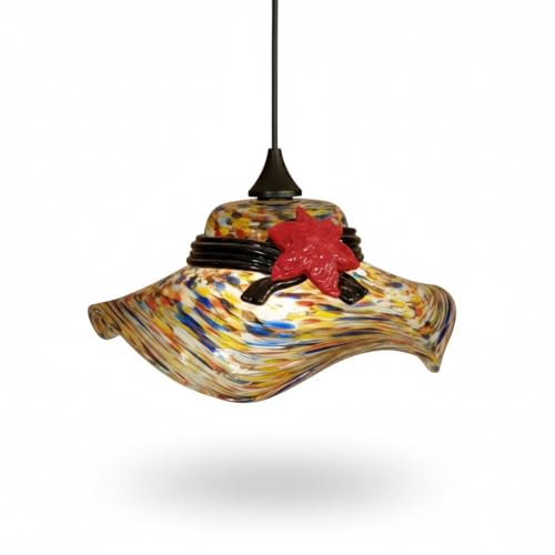 VETRERIA ARTISTICA COLLEONI Lampada a Sospensione in Vetro di Murano Originale Chapeau, Lampadario Colorato Arlecchino con Murrine e Fiore Rosso, Idea Regalo Lusso, H12cm x L32cm