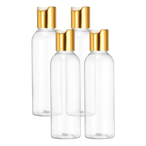uxcell 4 Pcs Plastic Travel Bottles, 2 oz Empty Shampoo Bottles with Gold-White Disc Top Caps Clear Refillable Travel Squeeze Containers for Lotions Cosmetics Body Soap, Clear