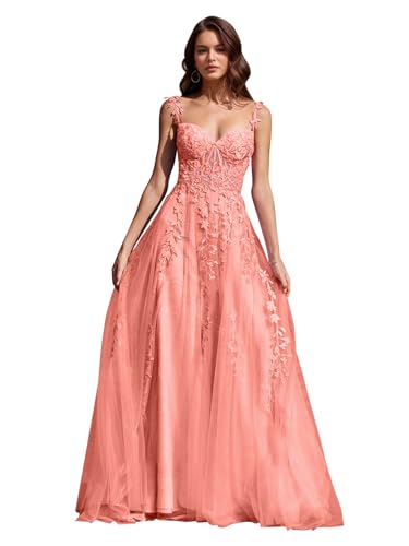 Image of Long Tulle Prom Dresses 2025 V Neck Floral Long Ball Gowns for Women Lace Applique Formal Evening Gowns ACE159