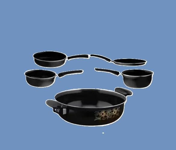 Image of 5 Piece Cast Iron Induction Non Stick Cookware Set Kadai Fry Pan Tawa Saucepan Tadka Pan Kitchen Durable Set Black Free Size