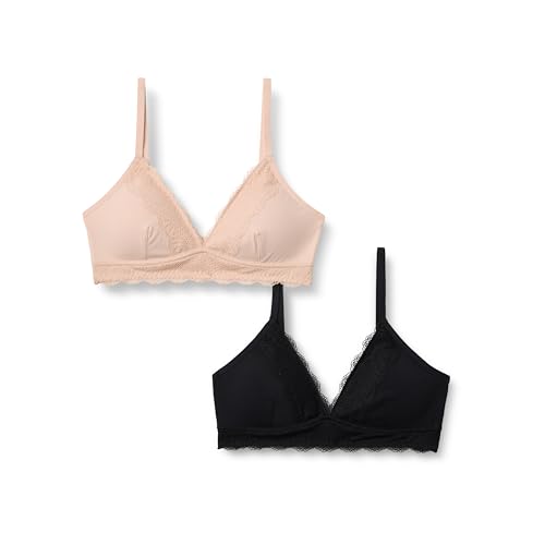Amazon Essentials Women's Peached Microfibre with Lace Trim Lined V Neck Bralette, Pack of 2,...