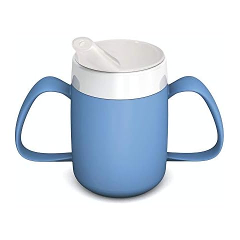 Ornamin Two Handled Mug with Internal Cone 140 ml Light Blue with Spouted Lid with Small Opening (Model 815 + 806) | Drinking aid Cover