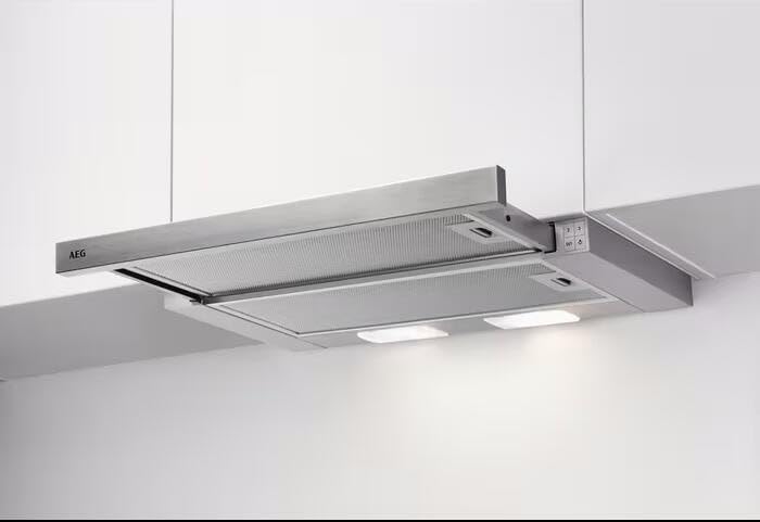 AEG DPS362AS - Campana extractora de pantalla plana, salida o recirculación, 60 cm, gris, máx. 215 m³/h/min. 58 – máx. 71 dB (A) / C/teclas de carrera corta/gris