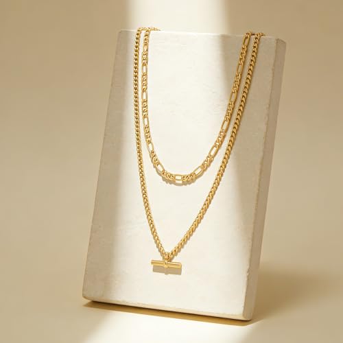 SHANTYSON Dainty Layered Necklace for Women 18K Gold Plated T Bar Pedant Necklace Figaro and Cuban Link Chains Minimalist Trendy Chain Link Jewelry Gift by SHANTYSON - Used condition - Image 7