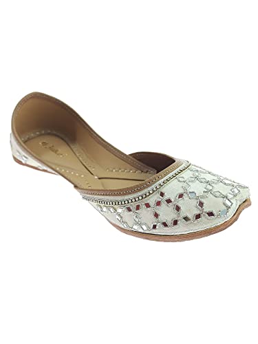 Image of Fulkari Women's Mirror Genuine Soft Leather Juttis | Bite and Pinch Free Jutis | Ladies Punjabi Jutti | Wedding Flat Stylish Mojari | Phulkari Ethnic Flats For Girls |