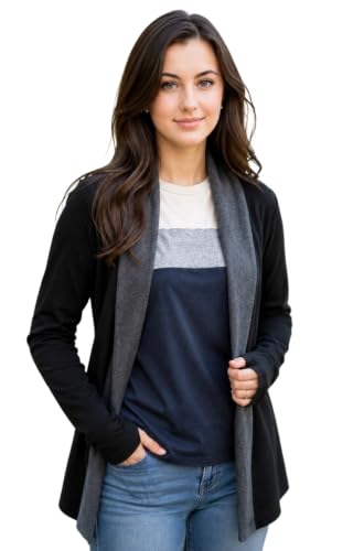Accmetees Full Sleeve Open Front Shrug, Black with charcoal Contrast, Long Cardigan Style, Cotton Blend (IN, A