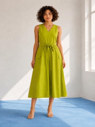 Image of PURVAJA Women's Fit & Flared Midi Length Sleeveless V-Neck Solid Dress