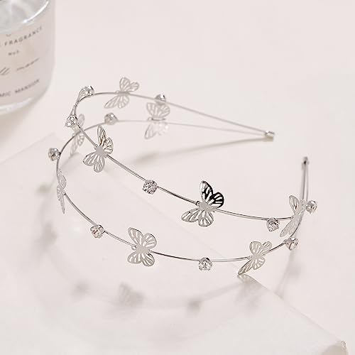E EMZHOLE Rhinestone Headband Flower Girl Bridal Wedding Headband Crystal Headpiece Flower Butterfly Metal Headband Little Girls Kids Crown Tiara Hair Accessories For Women Girls Gifts (Silver)