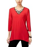 NY Collection Womens Metallic Criss-Cross Front Blouse Red M
