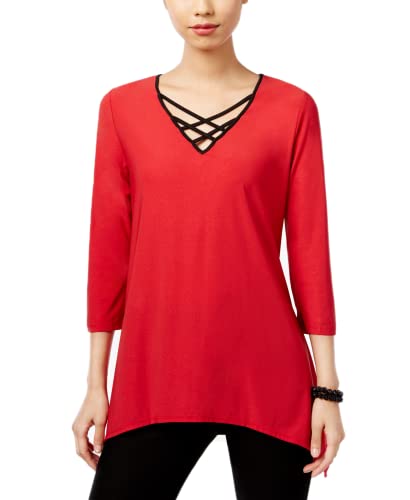 Ny Collection Womens Metallic Criss-Cross Front Blouse Red M #TOP15