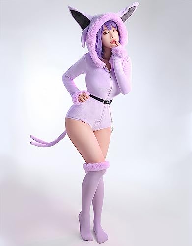 Mobbunny Anime Derivative Romper Onesie Pajamas Bodysuit with Tail Belt and Socks Fluffy Bodycon Hooded Jumpsuit