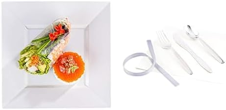 Restaurantware Bundle: 5 x 2.5 Inch Sauce Trays And 4 Inch Cake Forks, 100 Disposable Divided Plates And 100 Fruit Forks - Premium, Durable, White Plastic Dishes And Silver Plastic Forks