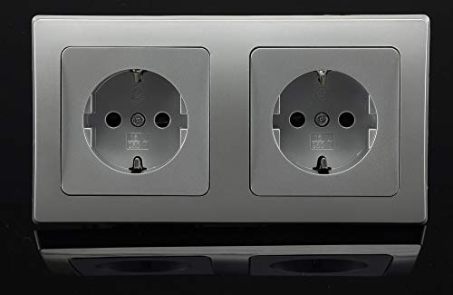 DELPHI Steckdose Unterputz 2-fach - Schutzkontaktsteckdose mit erhöhtem Berührungsschutz mit Rahmen Farbe Silber Grau