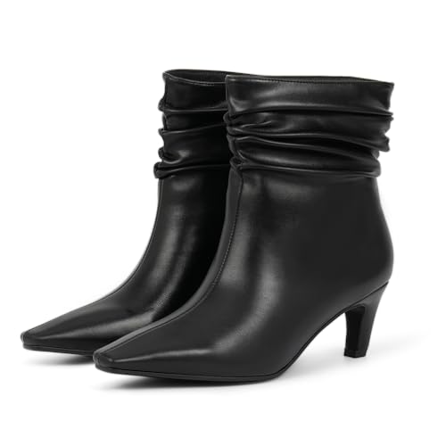 Women's Kitten Heel Slouch Ankle Boots Pleated Closed Square Toe Booties3