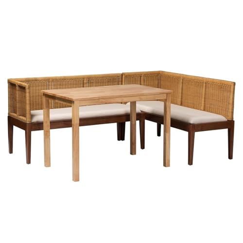 Pemberly Row 3-Piece Dining Nook Set, Brown Rattan and Acacia Wood, Foam-Padded Fabric Seats, Rectangular Table, Corner Benches, Bohemian Style for Kitchen or Breakfast Area, 78.7 in Wide