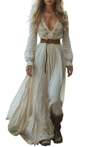 Generisch Langes Boho Kleid für Damen, Vintage, Rustikaler Stil, V Ausschnitt, Lässiges Maxikleid, Lange Ärmel, Frühling/Herbst, Blumenmuster,...