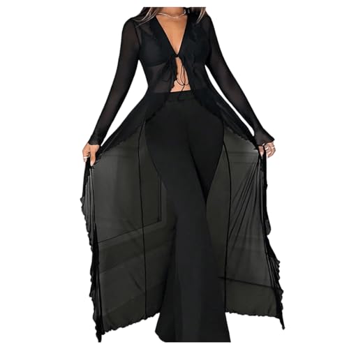 Image of GORGLITTER Women's Sexy Tie Front Goth Cardigan Sheer Mesh Long Sleeve Y2k Tops