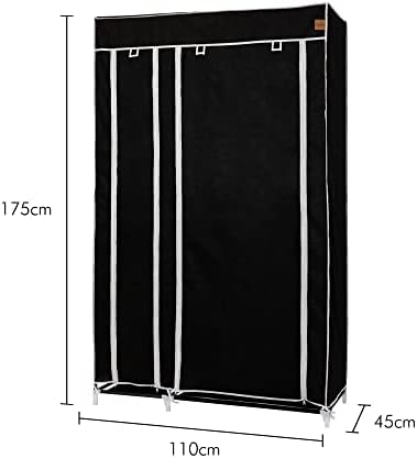 VonHaus Double Fabric Canvas Wardrobe  Temporary Clothes Storage Organiser With 6 Shelves & Hanging Rail  Black Clothes Storage Unit