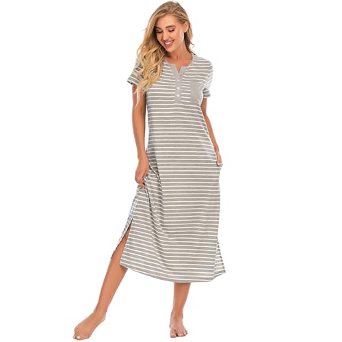Jlowesun Camisones para Mujer Camisón de Rayas Manga Corta Suave Vestido de Dormir con Bolsillos L