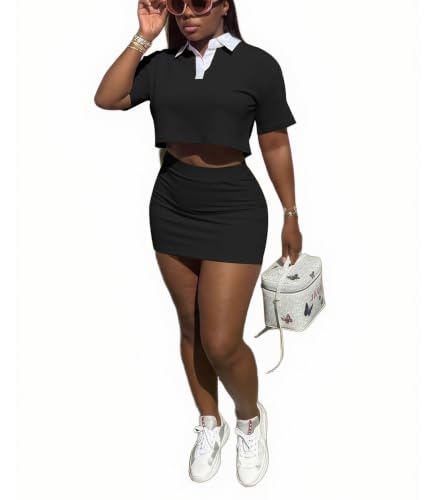 Image of HBQ Women's Casual 2 Piece Skirt Sets Polo Collar Crop Top Striped Mini Dress Summer Vacation-Stripe