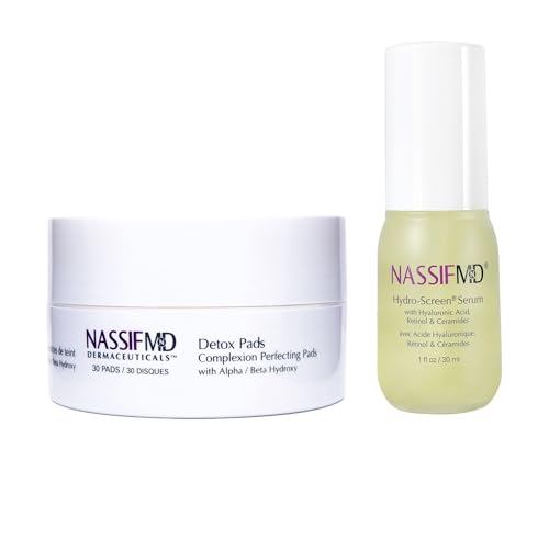 NassifMD Detox Pads & Hydro Screen Serum Bundle, Exfoliate & Hydrate, Glycolic Acid Pads & Retinol Serum, Face Exfoliating Pads & Ceramide Serum