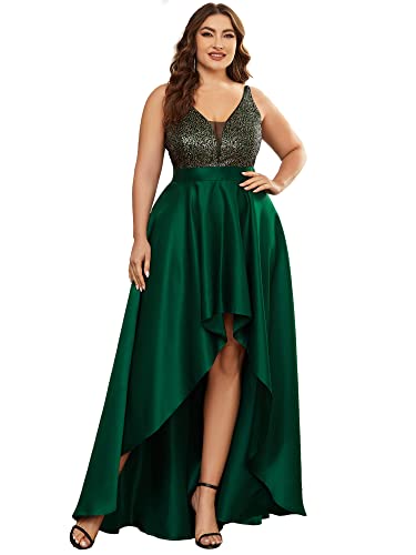 Robe de soirée à paillettes col en V grande taille vert foncé pour femme chic