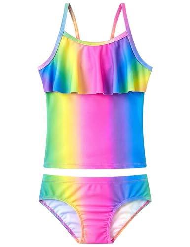 Image of Girls Tankini Swimsuit UPF50+ Ruffle 2 Piece Bathing Suit Full Coverage Kids Swimwear Ages 2-14 Years