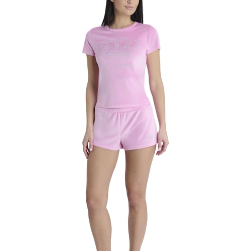 Image of Juicy Couture Women's 2 Piece Velvet Fleece Short Sleeve Shirt and Pajama Shorts Lounge Sleepwear Set