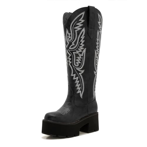 Image of Uillnoodu Women's Red Platform Cowgirl Boots with Zipper - Western Knee-High Chunky Sole Cowboy Boots