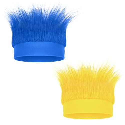 Hairy Headband, Funny Hat Fun Party Costume Accessories, Novelty Crazy Troll Hair Wigs for Adults, Teens and Kids, Party Supplies Headwear for Spirit Day, Sports Event and Cosplay(Blue&Yellow, 2 Pack)