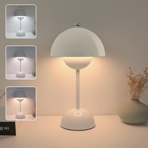 EXTRASTAR Mushroom LED Desk Lamp Rechargeable, 3 Colour Change Dimmable, Modern Desk Lamp for Bedroom Living Room Study(White)