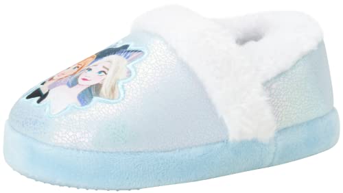 Disney Girls' Frozen Slippers - Plush Fuzzy Elsa and Anna Slippers with Non-Skid Soles (Toddler/Little Kid), Size 5/6, Blue White Crinkle