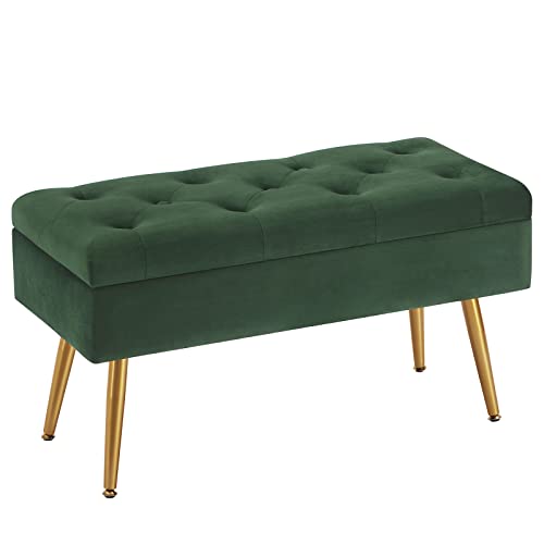Gitrah Banco de almacenamiento, moderno banco de entrada, banco otomano tapizado de terciopelo, bancos para dormitorio para pies de cama, banco copetudo, reposapiés con patas doradas, 32 pulgadas,