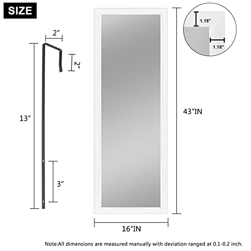 Image of NeuType Full Length Door Mirror Over The Door Mirror Full Length Mirror Hanging Over Door or Leaning Against Wall or Mounted On Wall, Full Length Mirror Over The Door, 43 inchx16 inch, White, No Stand