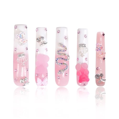 LOVFUL Press on Nails Marshmallo Gummy Bear Square | Luxury Diamond Pink Cotton Candy Nails| Pink Nails| Square Nails | Square Long 2.2 in | H26 (L)