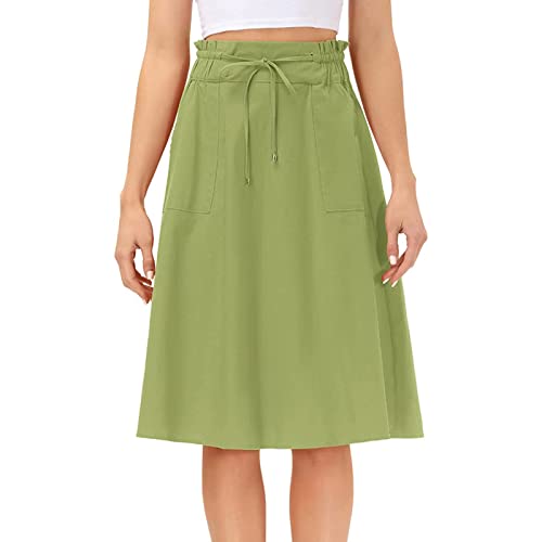 Women's A-Line Skirt for Summer,Knee Length Skirts Solid Color Casual Style Half Dress Stretchy Elasticated Waist High Waisted Midi Skirt with Drawstring Spring Summer Holiday (Green, M) - Image 4