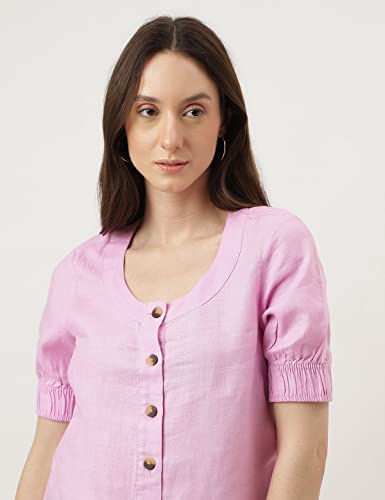 Image of Marks & Spencer Womens Solid Linen Blend Round Neck Regular Fit Top