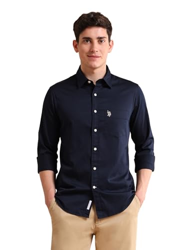 Image of U.S. Polo ASSN. Solid Tailored Fit Shirt for Men - 100% Cotton, Breathable & Comfortable, Full Sleeves Casual Shirt for Men