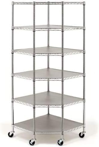 Heavy Duty Wire Steel 6-Tier Corner Shelf Garage Storage Shelving Rack (Silver)