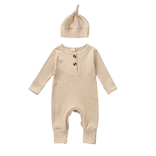 Newborn Baby Boy Girl Clothes Infant Ribbed Romper Solid Long Sleeve Knit Bodysuit Jumpsuit Hat Coming Home Outfit