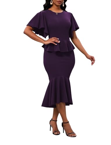 Image of Womens Summer Ruffle Short Sleeve Fishtail Dress Evening Cocktail Formal Peplum Midi Mermaid Dresses Elegant