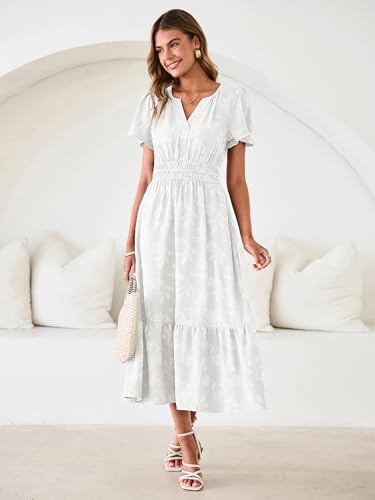 Image of Simplee Womens Summer Boho Maxi Dress Semi Formal Wedding Guest Short Sleeve V Neck Empire Waist Floral Long Dresses