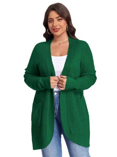 Image of LARACE Long Cardigans for Women Plus Size Tops Open Front Sweaters with Pockets Waffle Ribbed Sleeve Loose Fall Outwear