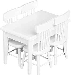 Miniature Dining Table & Chair Set for Dollhouse 1:12 Scale Wooden Furniture Model Decoration 5pcs Set Mini House DIY Ornament Gift (White)