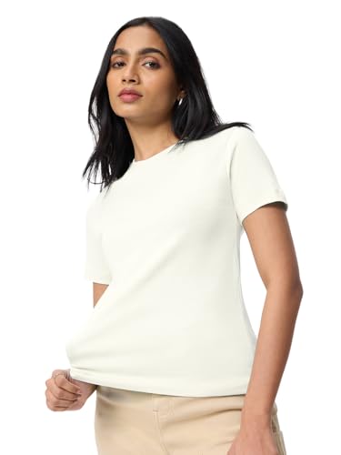 Image of The Souled Store Casual Classics: Women and Girls Short Sleeves Spread Collar Solid Cotton Regular Fit Breathable Lightweight Trendy Everyday T-Shirt