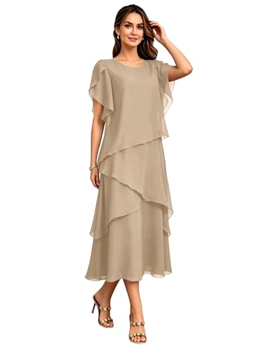 Taupe Mother of the Groom Dresses for Women Chiffon Flutter Sleeves Tea Length A-Line Petite Scoop Neck Mother of the Bride Dresses YOM110 US14