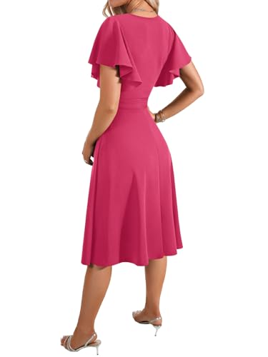 Image of LYANER Women's Warp V Neck Ruffle Short Sleeve A Line Swing Flared Cocktail Party Midi Dress