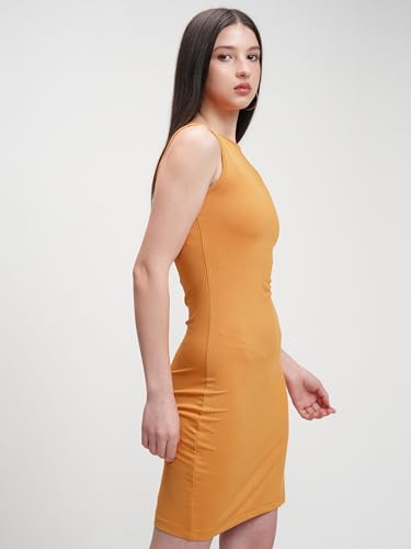 Image of Tokyo Talkies Women's Elegant Vertical Stripes Self-Design | Round Neck Sheath Dress | Ribbed Short Sleeves & Bodycon Fit for a Chic Look