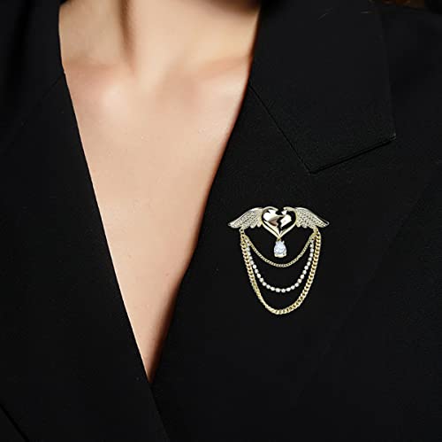 Image of Beating Heart with Angel Wings Brooch Lapel Pin Tassel Collar Pin Crystal Love Heart Brooch Badge