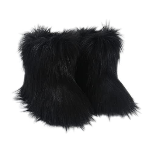 Gegefur Girls Boys Kids Faux Fur Boots Furry Fuzzy Fluffy Warm Winter Snow Boots Flat Shoes Outdoor (Black 13.5)